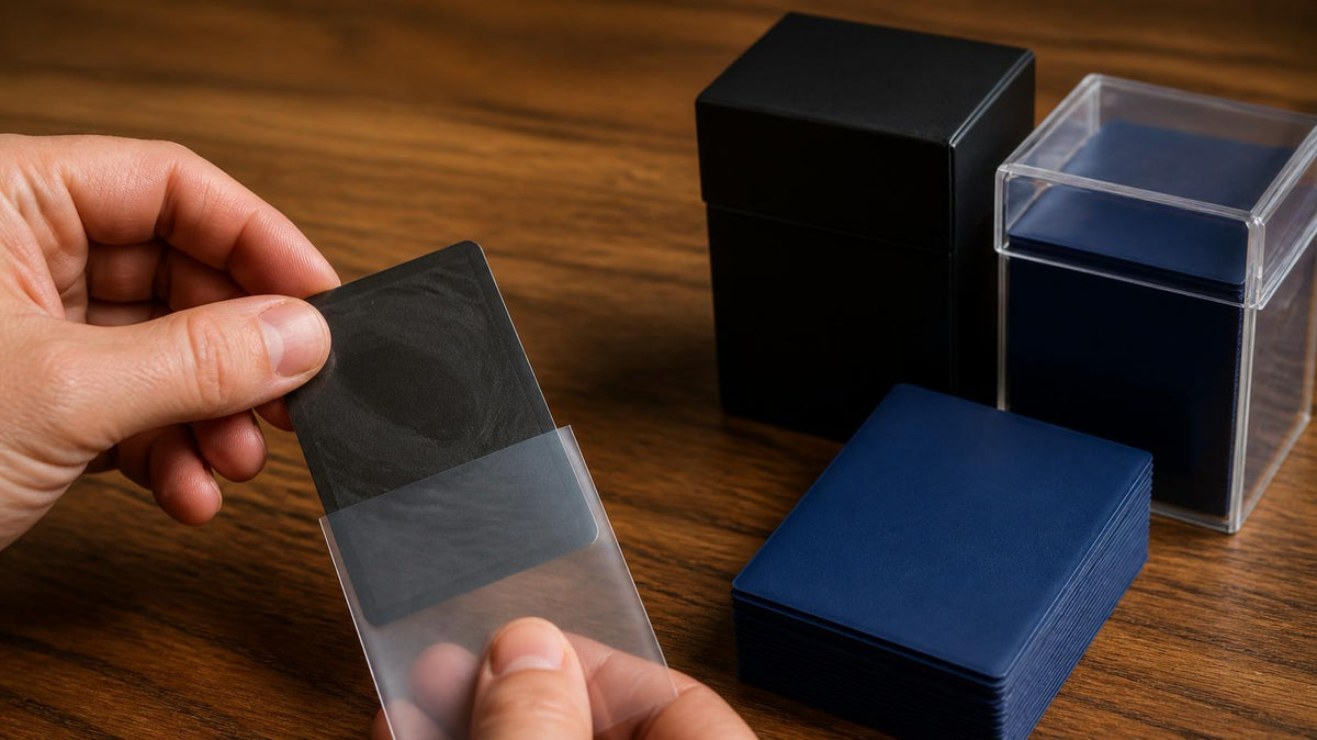 A trading card being slid into a clear matte sleeve next to a stack of blue-sleeved cards and two deck boxes, one black and one clear