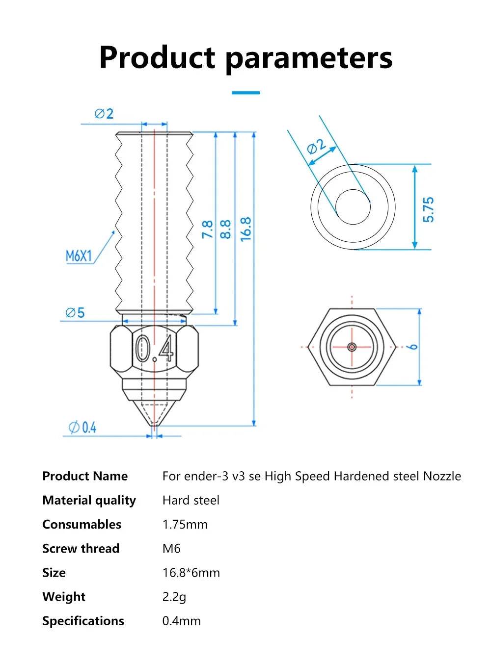 Creality Ender 3 V3 SE M6 Hardened Steel Nozzle - Rising Sun FPV