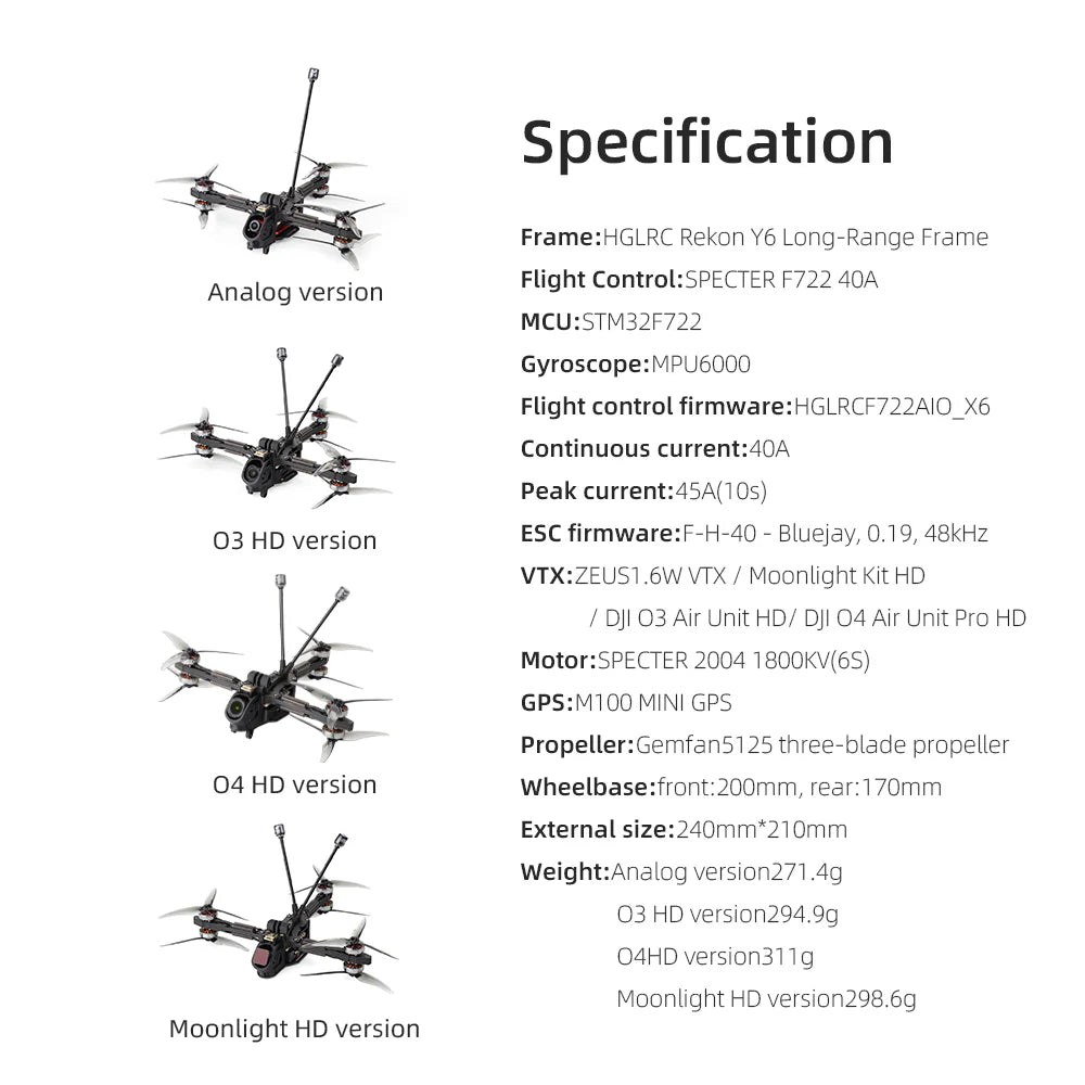 Rekon Y6 5-inch Long-Range FPV Drone - ELRS 2.4G - Analog