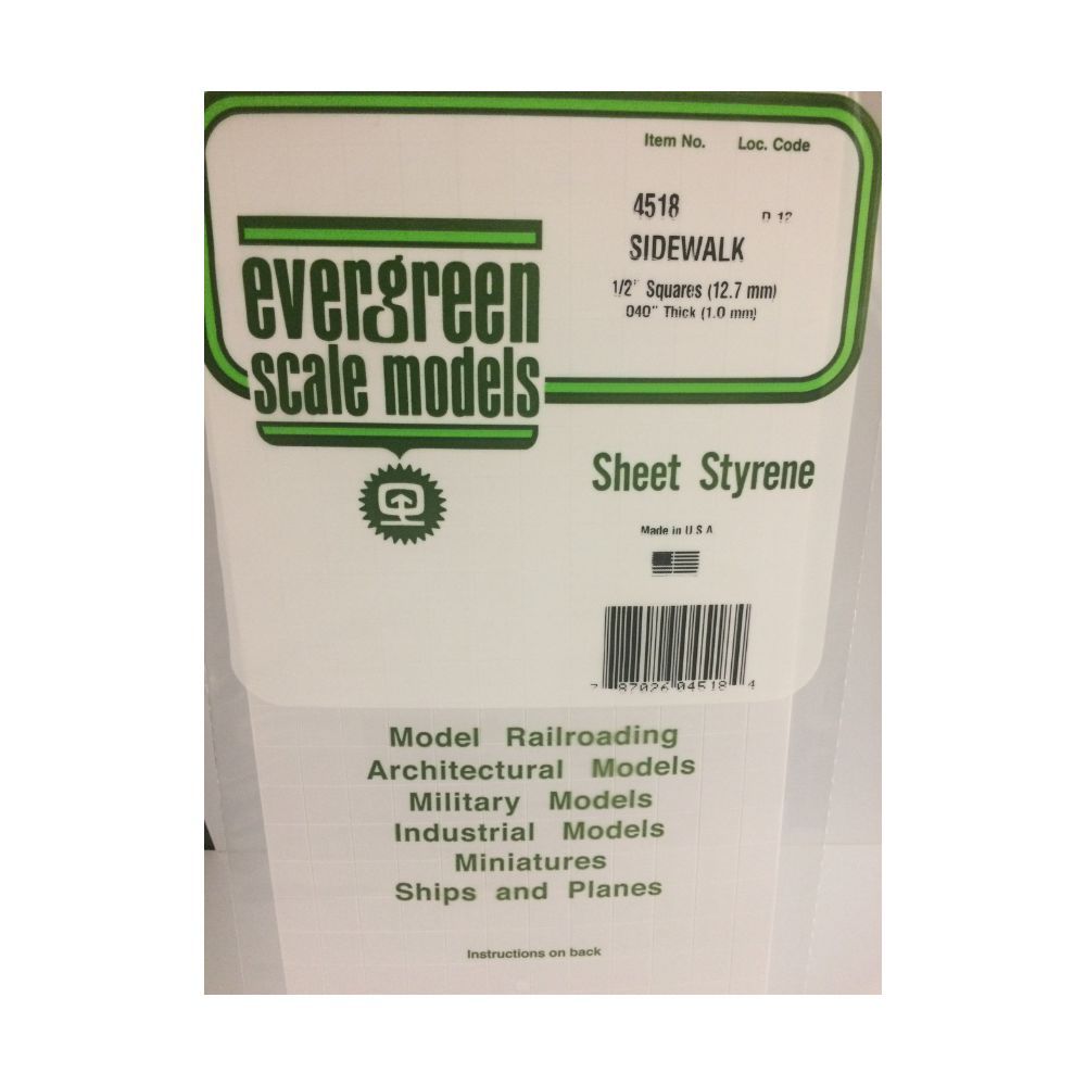 Evergreen 14518 Styrene Sidewalk Sheet, 1/2 in Squares, 12 x 24 in