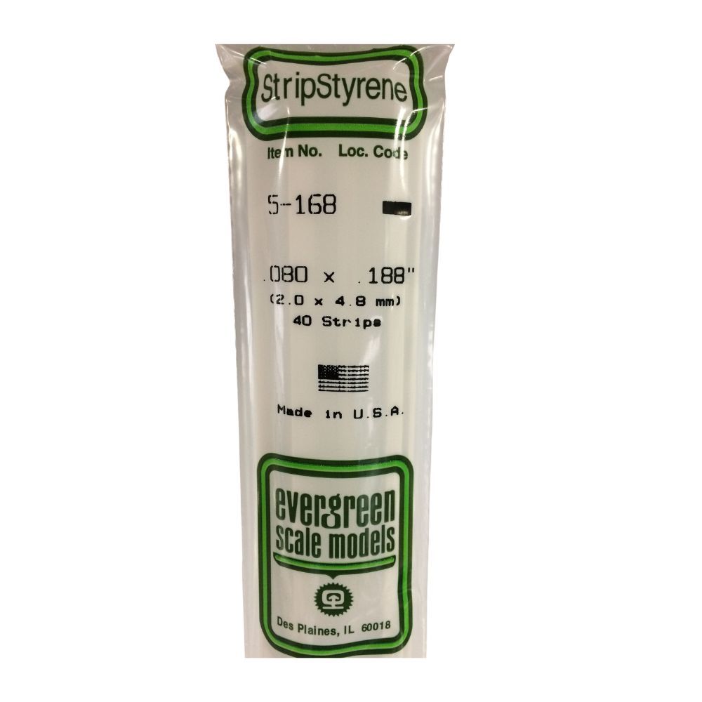 Evergreen 168 Styrene Strip .080 x .188 in (8 Pack)