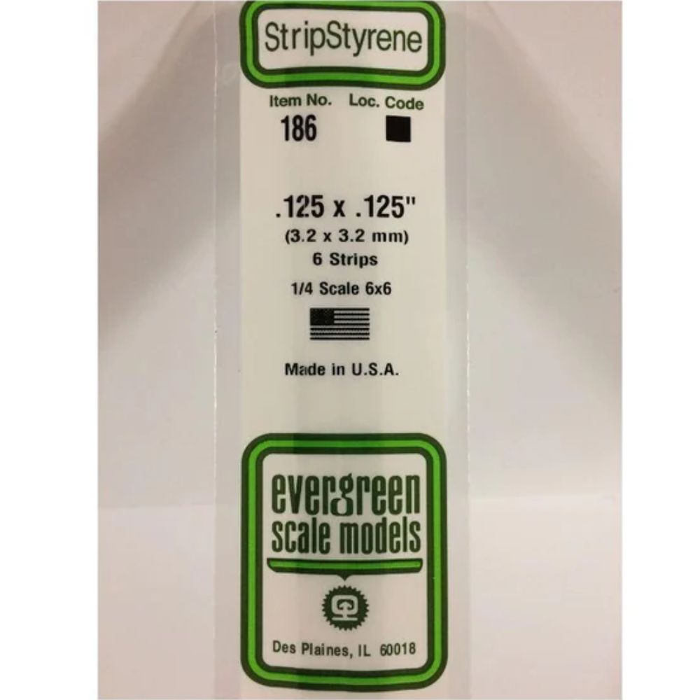 Evergreen 186 Styrene Strip .125 x .125 in (6 Pack)