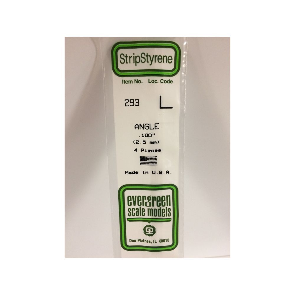 Evergreen 293 Styrene Angle .100 in (2.5 mm) (4 Pack)