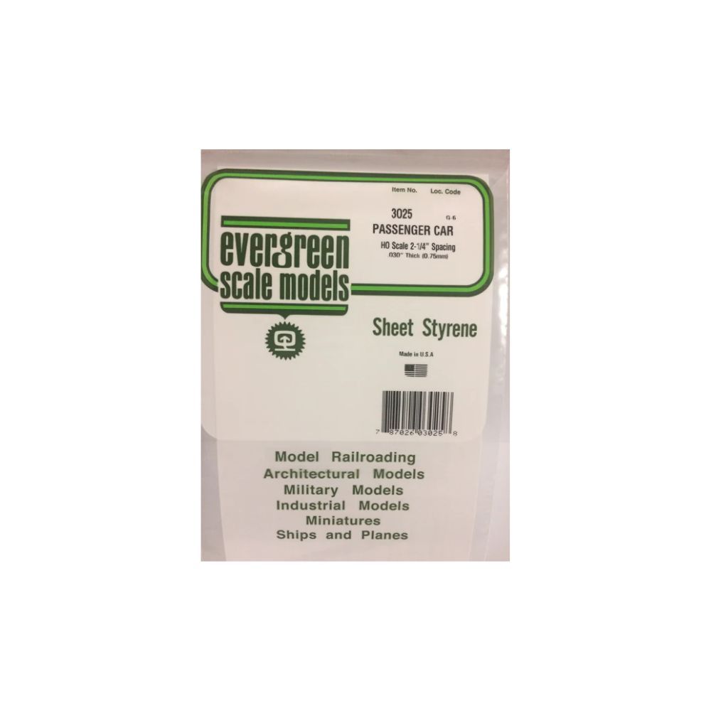 Evergreen 3025 Styrene Passenger Car Siding HO Scale, 6 x 12 in