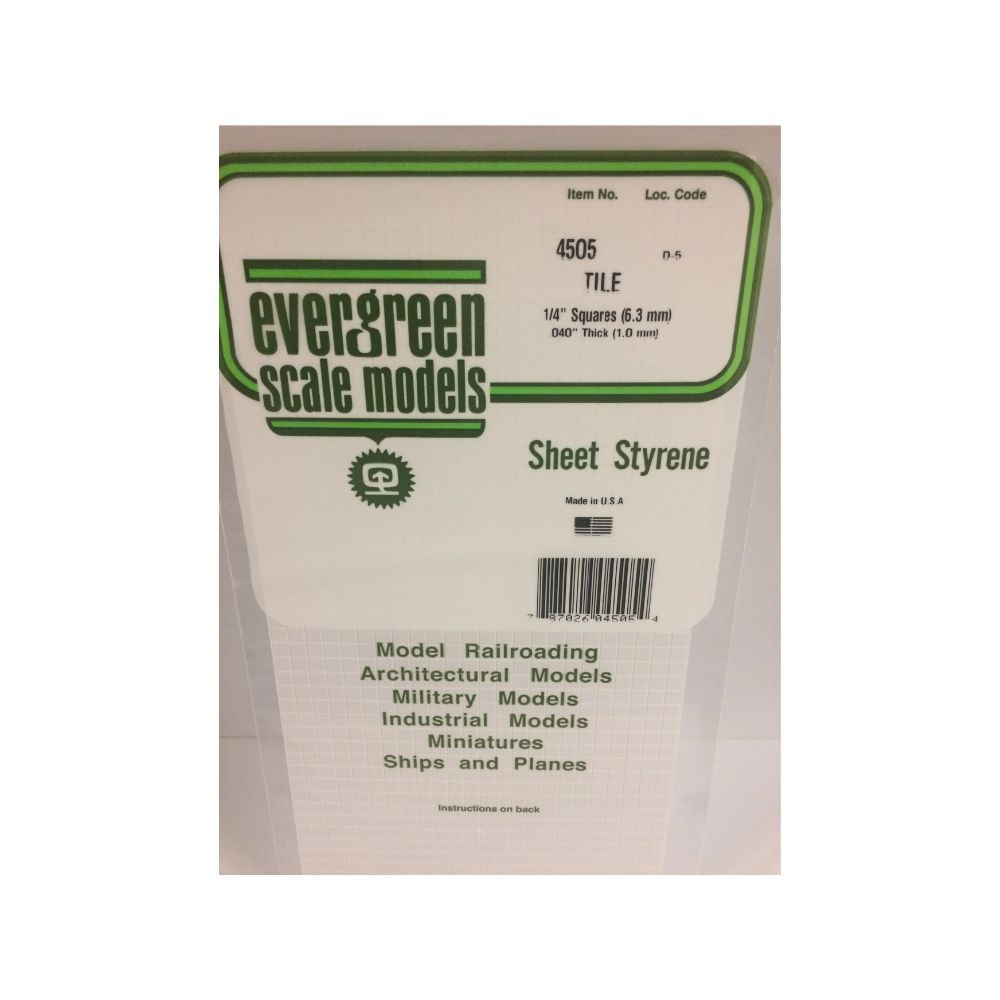 Evergreen 4505 Styrene Square Tile Sheet, 1/4 in Squares, 6 x 12 in
