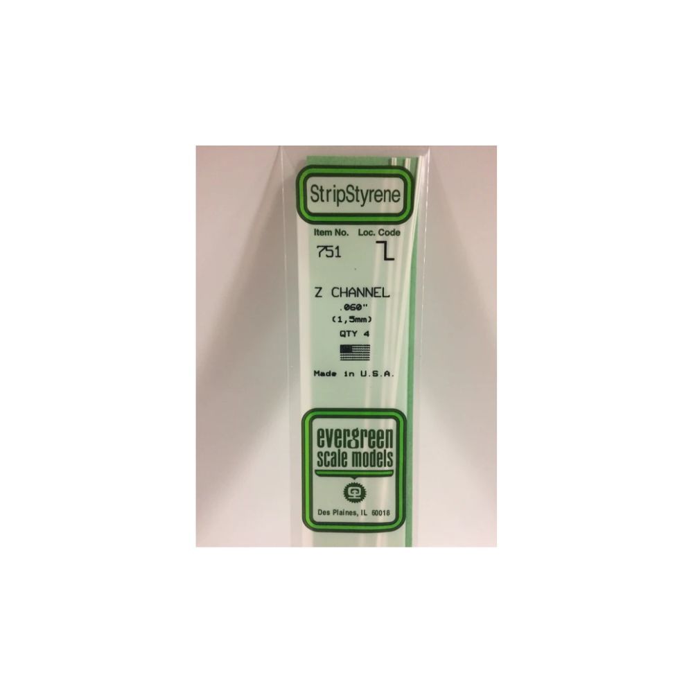 Evergreen 751 Styrene Z-Channel 1.5 mm x 14 in (4 Pack)