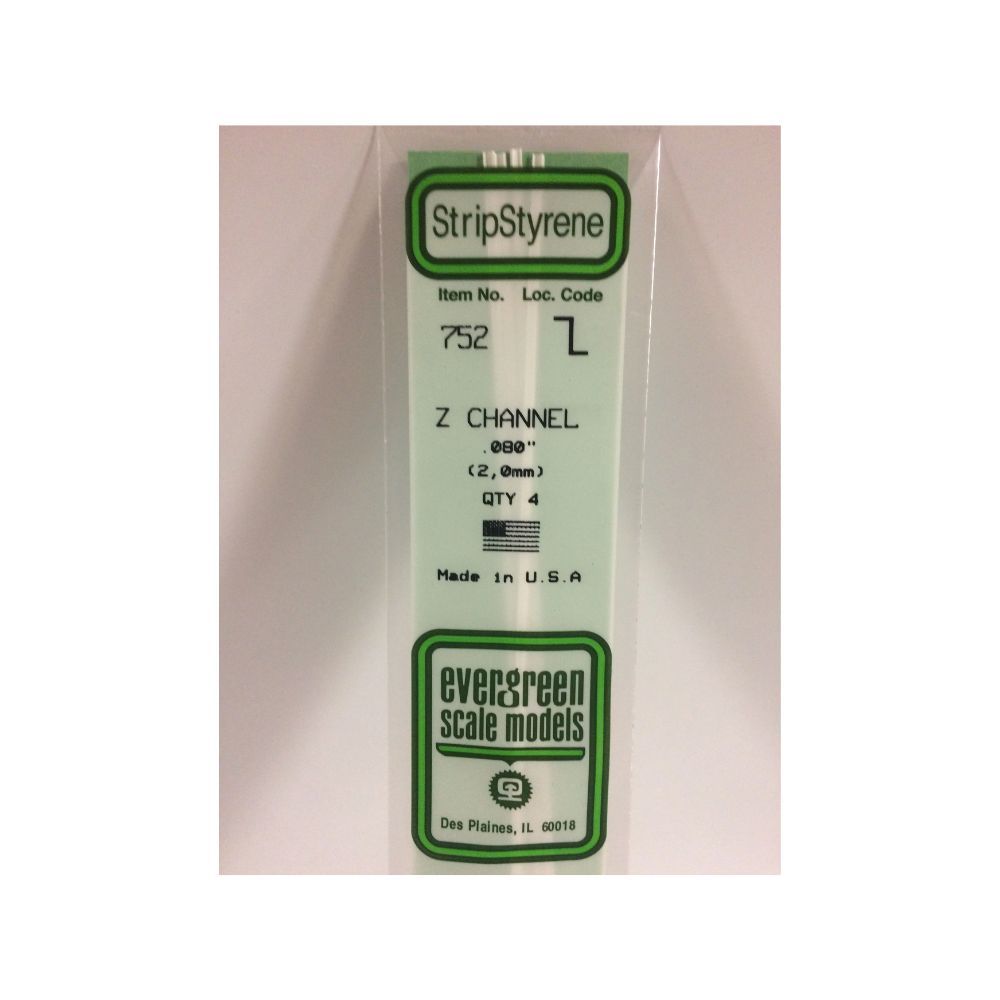 Evergreen 752 Styrene Z-Channel 2.0 mm x 14 in (4 Pack)