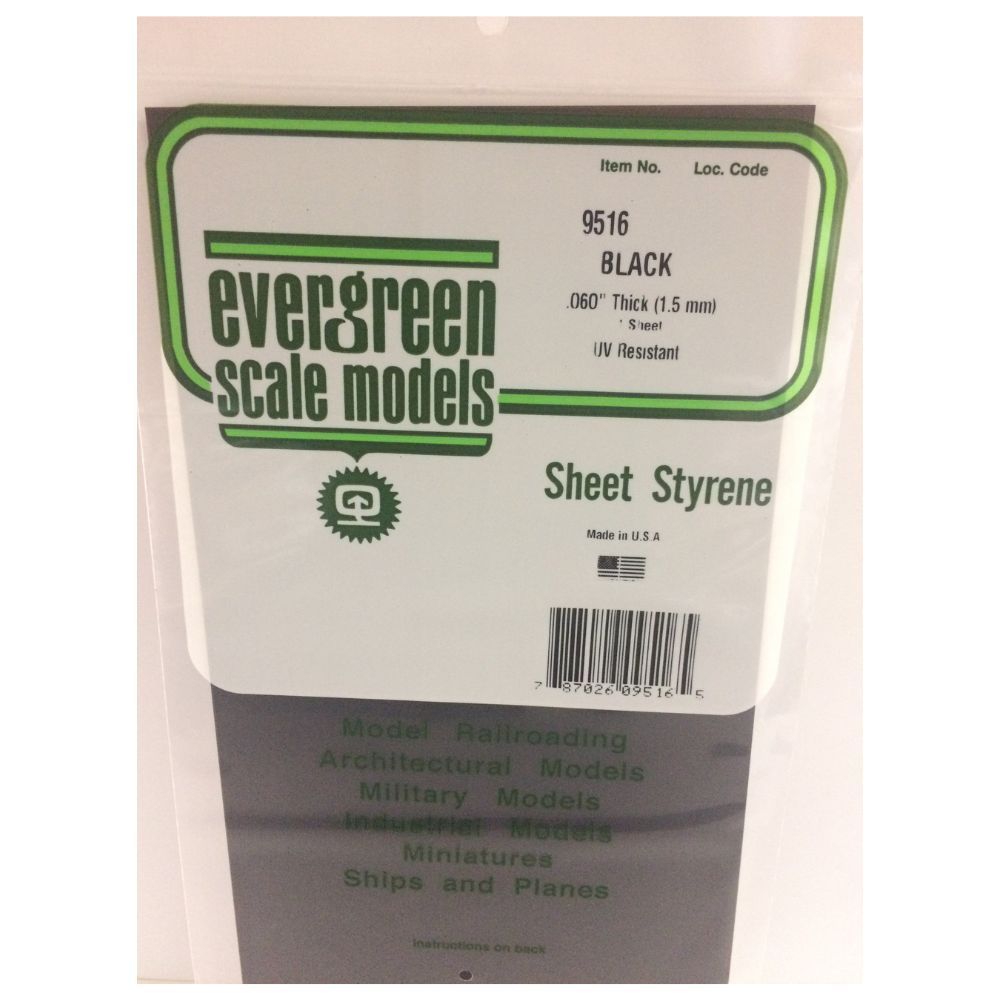 Evergreen 9116 Black Styrene Sheet 8 x 21 in, 1.5 mm Thick (2 Pack)
