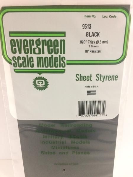 Evergreen 9513 Black Styrene Sheet 6 x 12 in, 0.50 mm Thick (3 Pack)