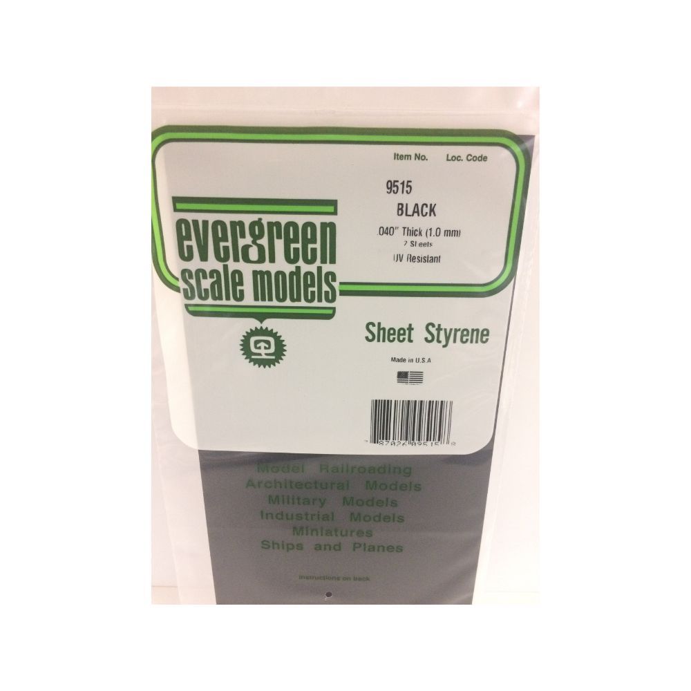 Evergreen 9515 Black Styrene Sheet 6 x 12 in, 1.0 mm Thick (2 Pack)