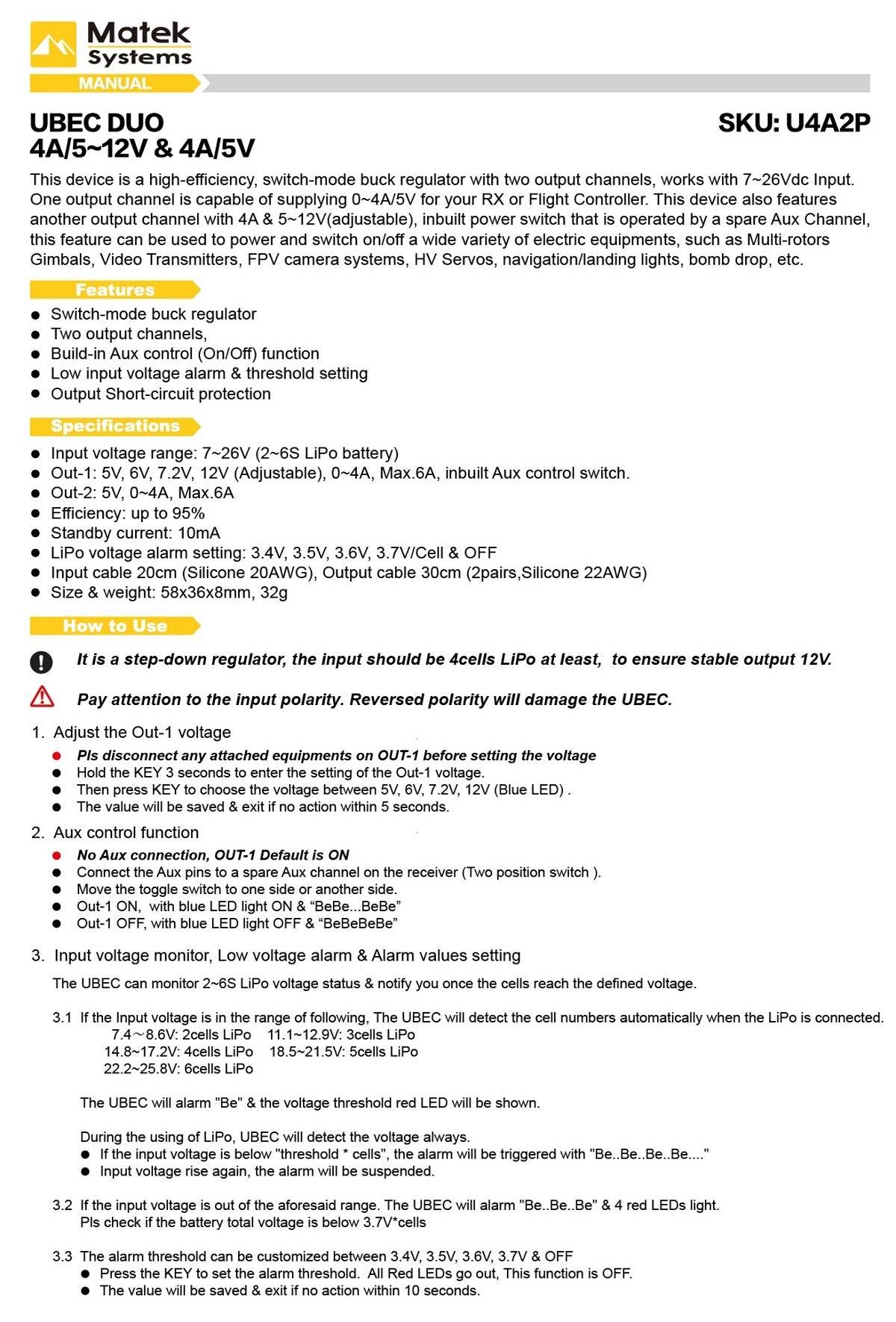 MatekSYS UBEC DUO 4A-12V & 4A-5V - Rising Sun FPV
