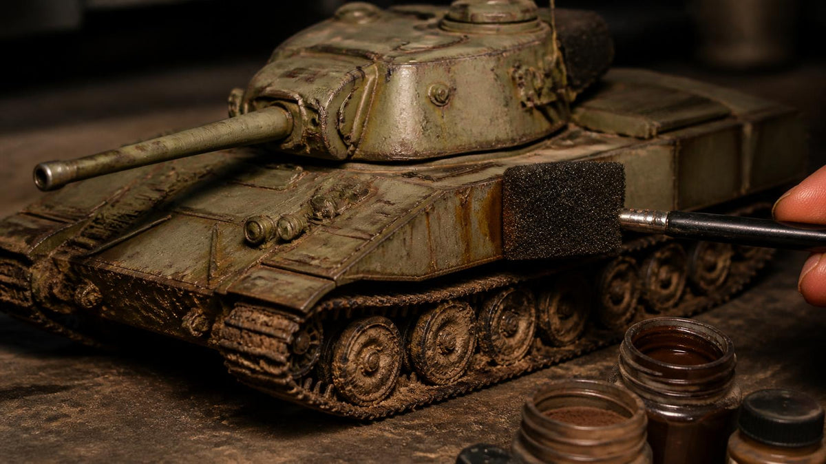 Weathered olive green model tank with rust streaks and mud on the tracks, being sponge-chipped beside jars of weathering pigment