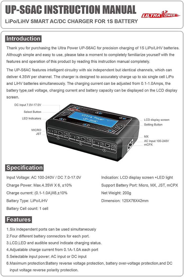 Ultrapower UP-S6AC 6X1S LiPo/LiHV AC/DC Charger