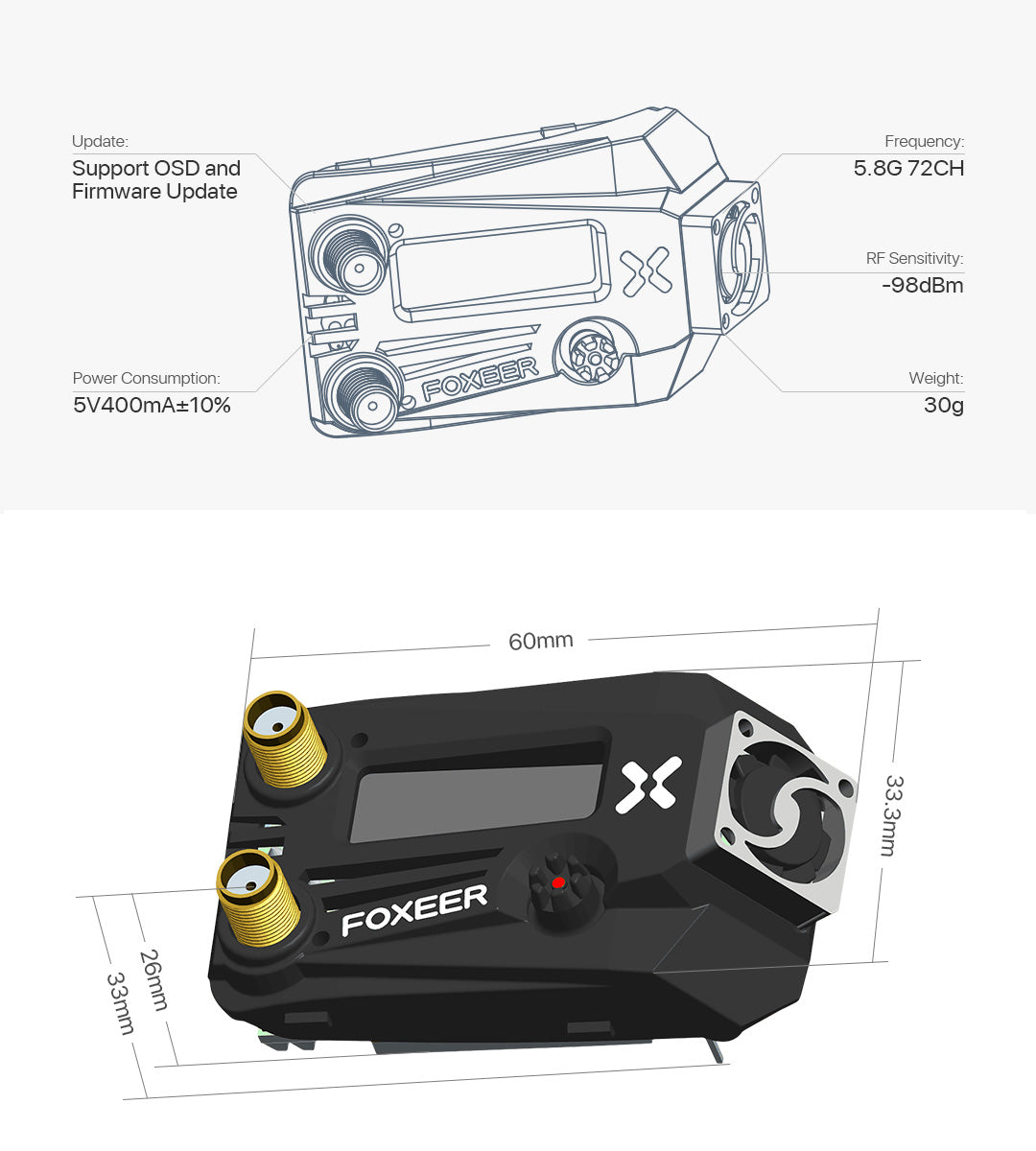 Foxeer Wildfire 5.8GHz 72CH Dual Receiver Support OSD Firmware Update for Fatshark FPV Goggles