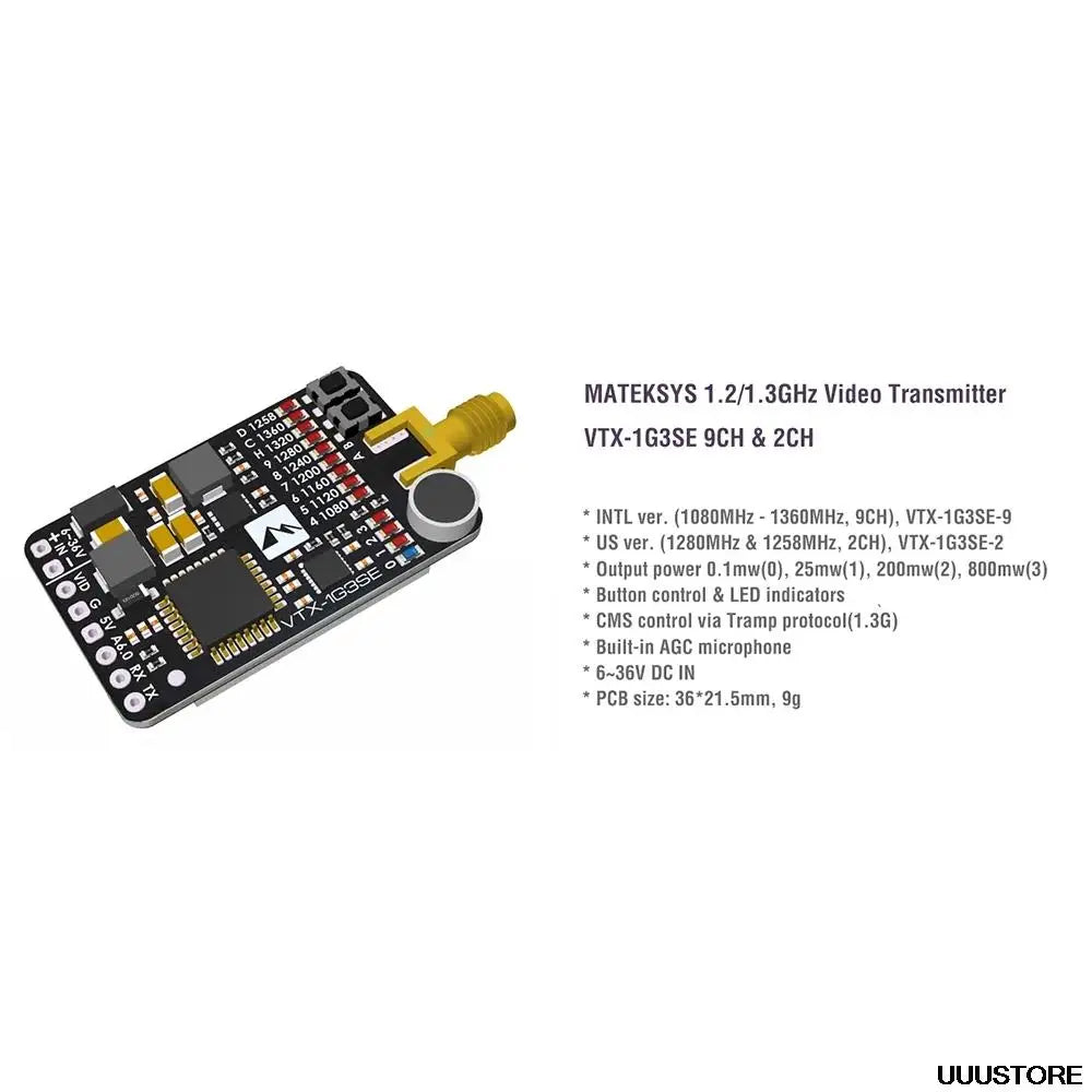 Matek System VTX-1G3SE-9 Transmitter - 1.2G/1.3GHz 9CH INTL 0.1mW/25mW/200mW/800mW FPV Transmitter