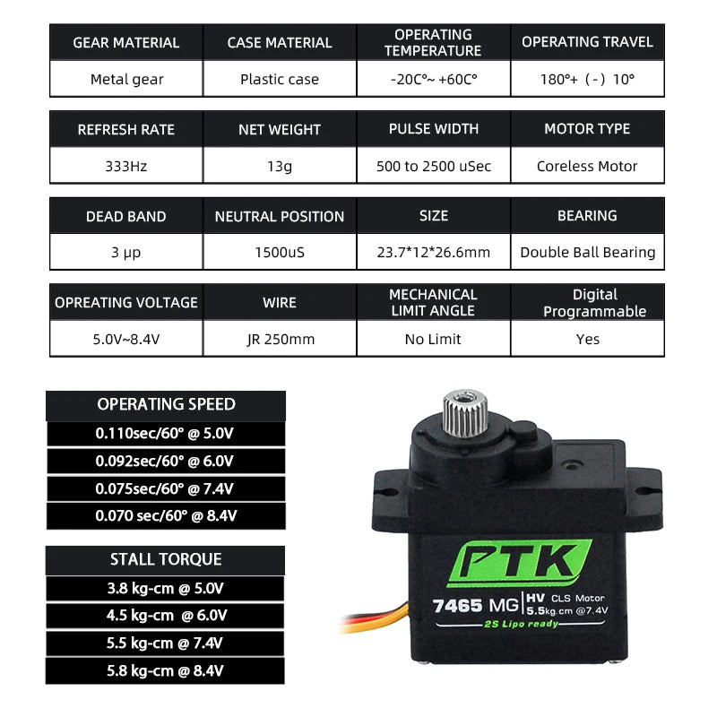 PTK 7465W MG 9g digital servo Metal gear waterproof HV 5kg/cm2