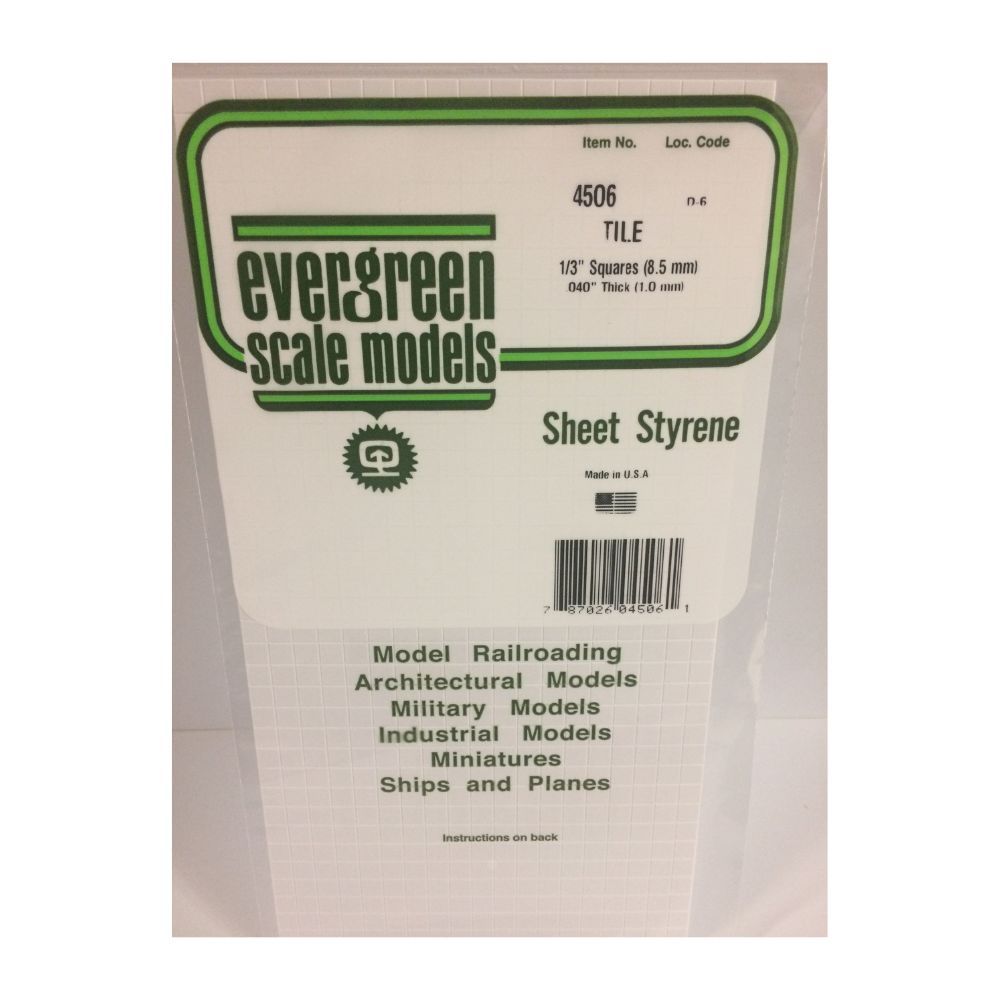 Evergreen 4506 Styrene Square Tile Sheet, 1/3 in Squares, 6 x 12 in