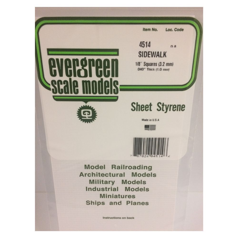 Evergreen 4514 Styrene Sidewalk Sheet, 1/8 in Squares, 6 x 12 in