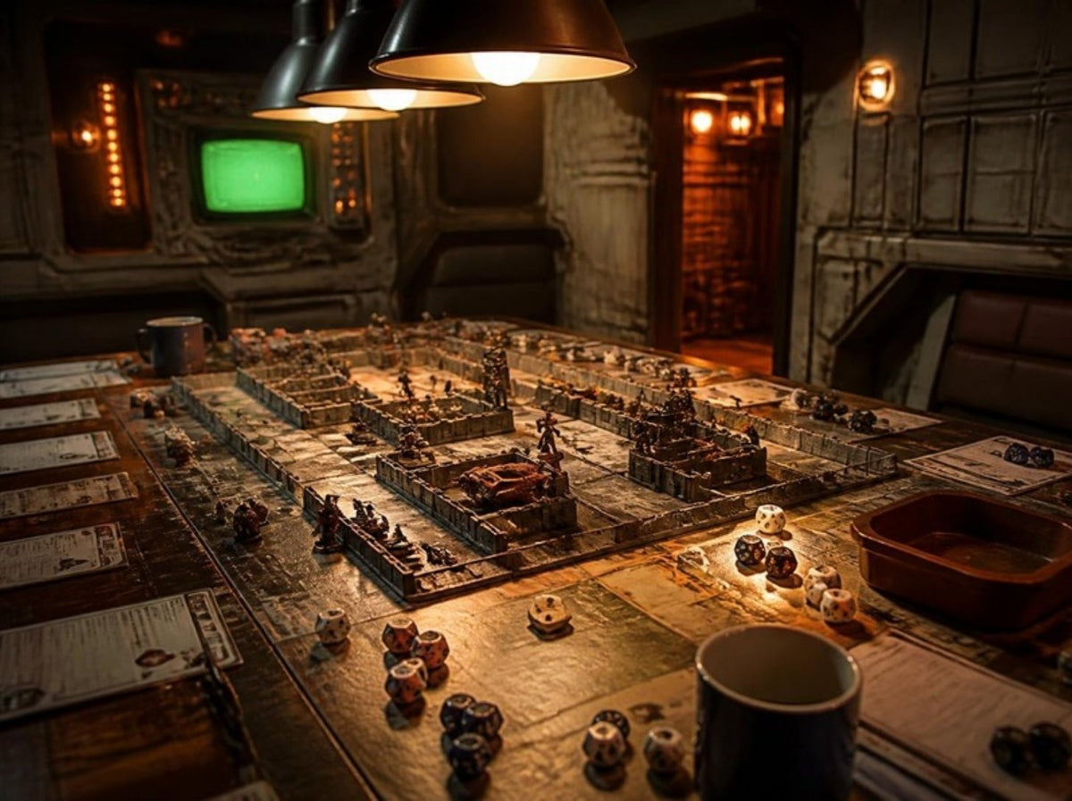 Tabletop game night with dice, cards and painted miniatures in an industrial games room