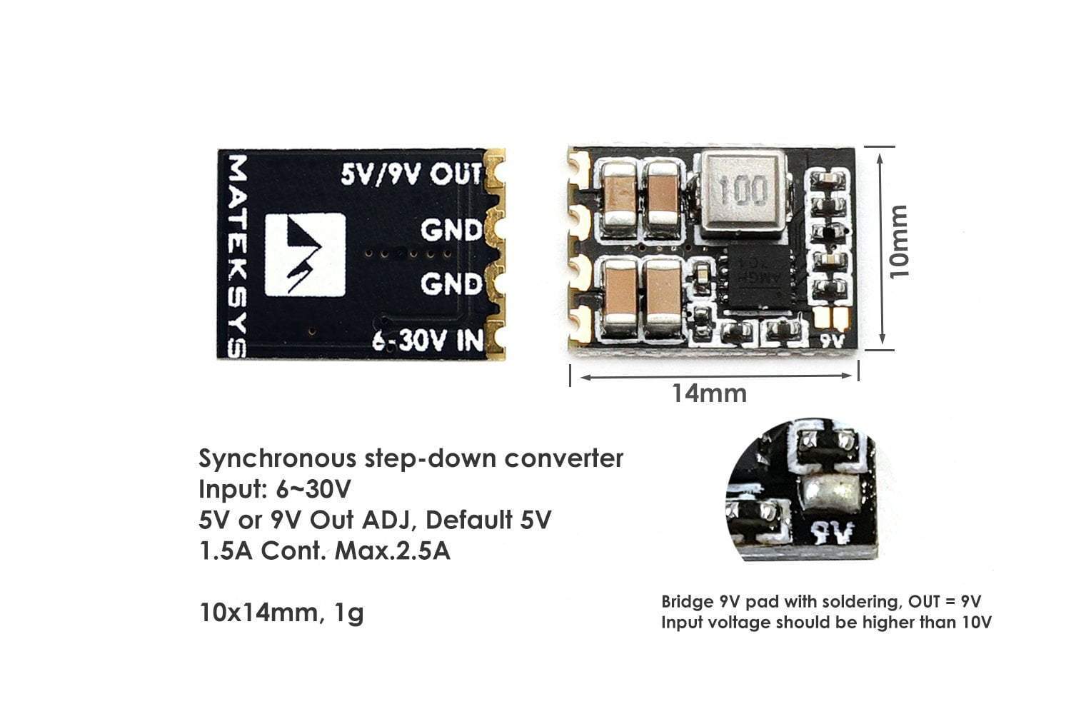 MatekSYS MICRO BEC 6~30V to 5V/9V-ADJ, 3pcs/unit - Rising Sun FPV